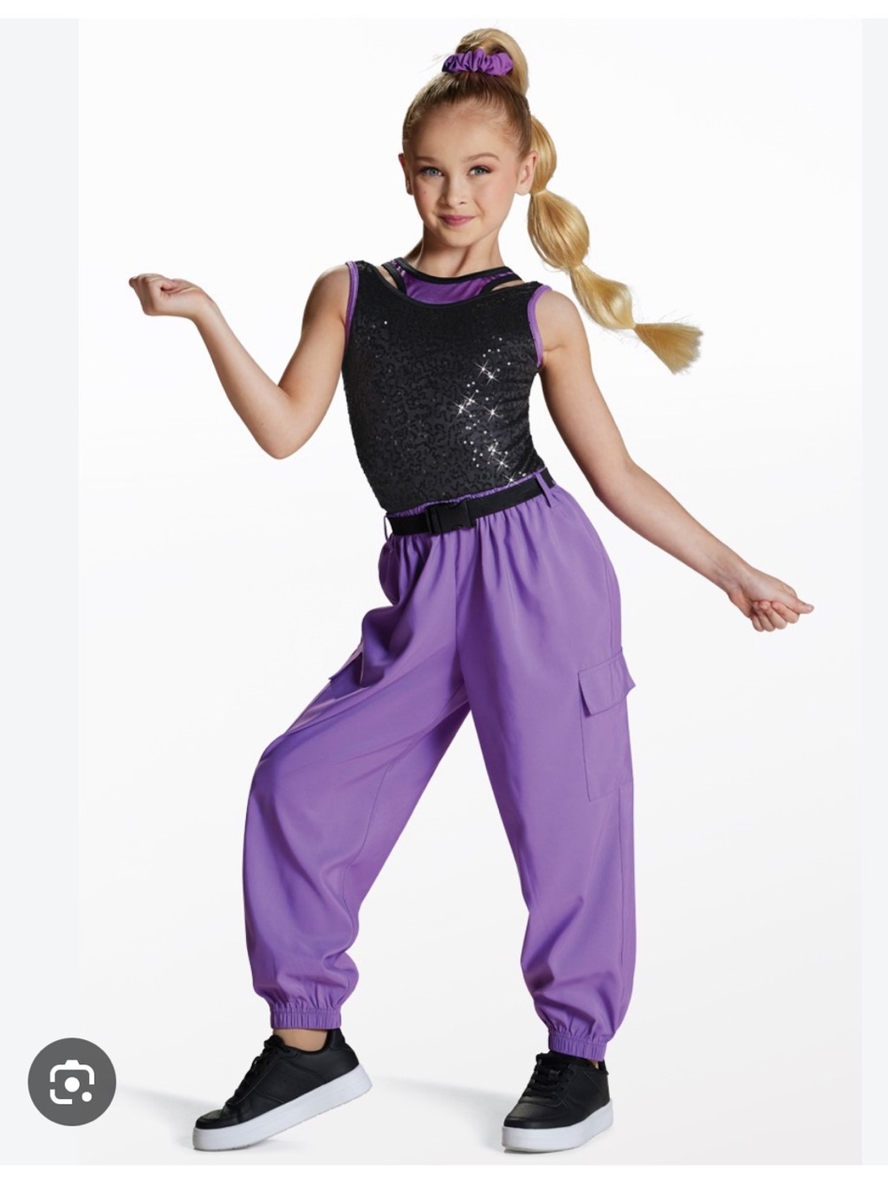 Weissman Runaway Love Black Sequin Leotard with Purple Cargo Pants Dance Costume